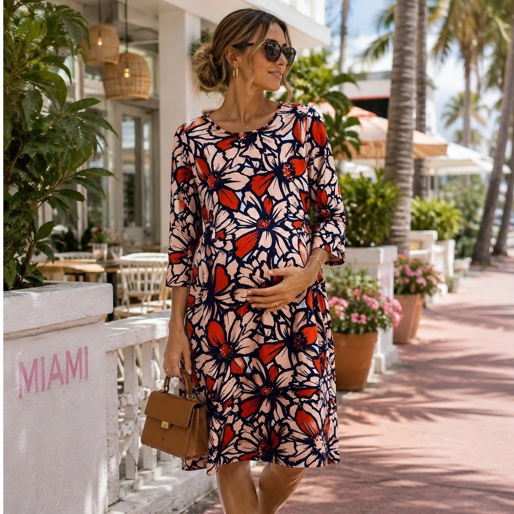 Taylor for A Pea in the Pod Maternity Floral Sheath Dress Red Navy Small